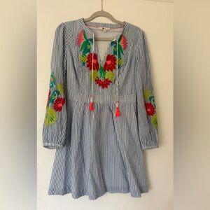 Boden Blue Striped Resort Dress with Beautiful floral and Bird Embroidery